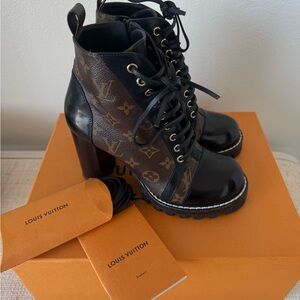 Louis Vuitton Black and Brown Monogram Lace-Up Platform Ankle Boots